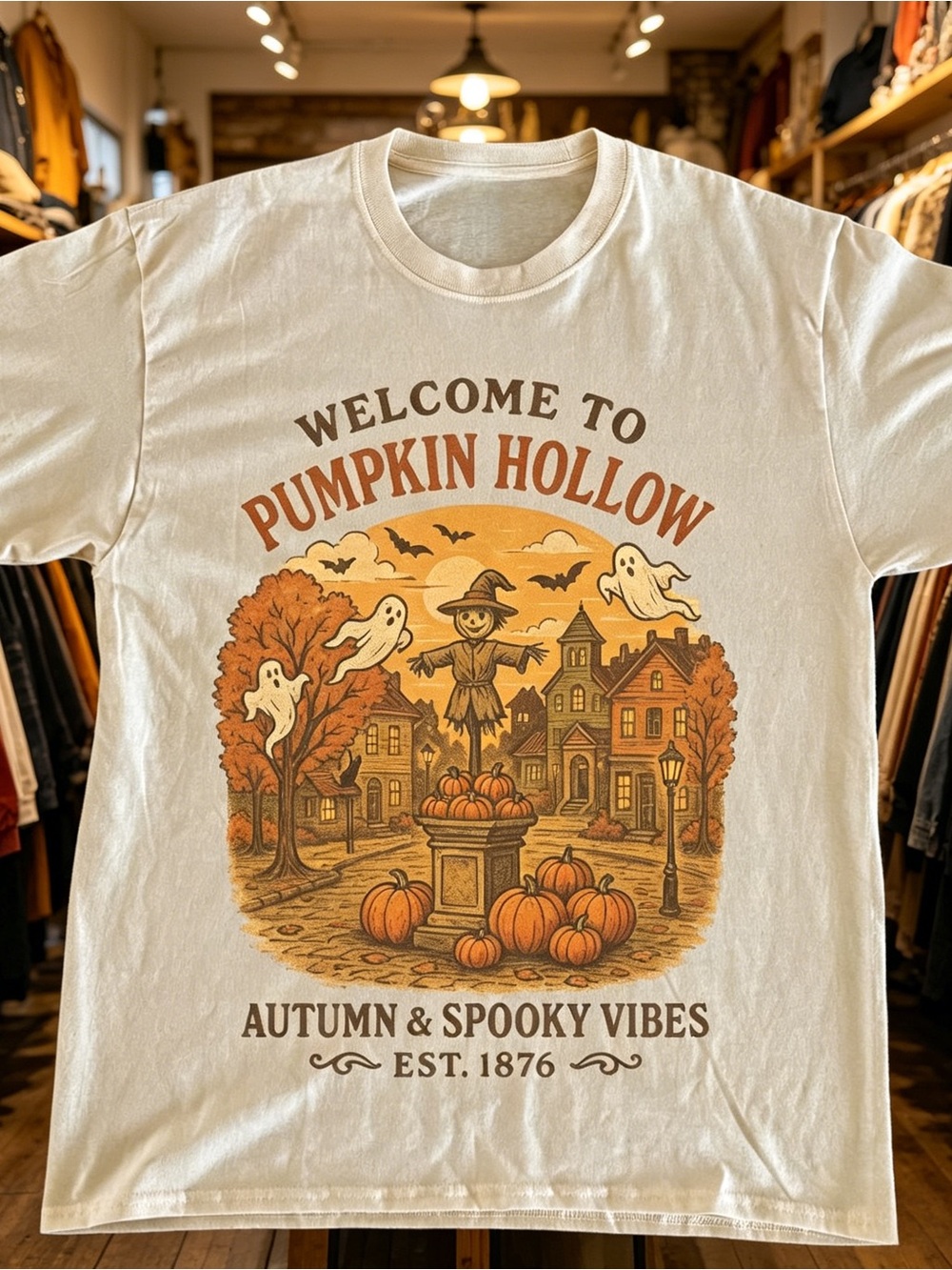 “Welcome to Pumpkin Hollow” graphic tee White printed T-shirt